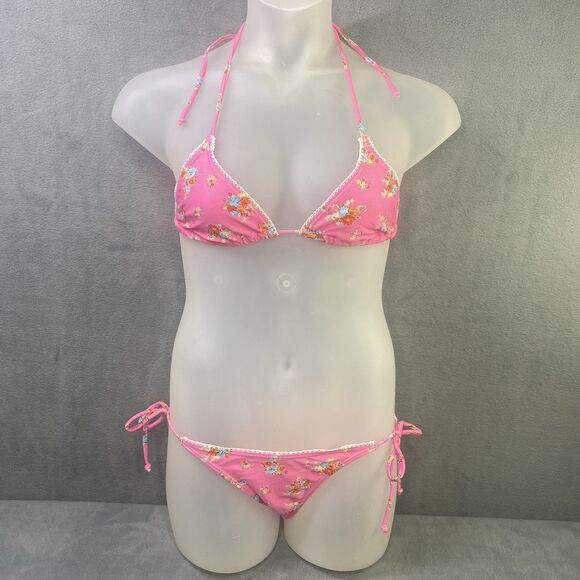 AGUA DOCE Brazilian 2-pc Bikini Size Small Pink Flowers Lace Trim Hip Tie - Picture 3 of 12